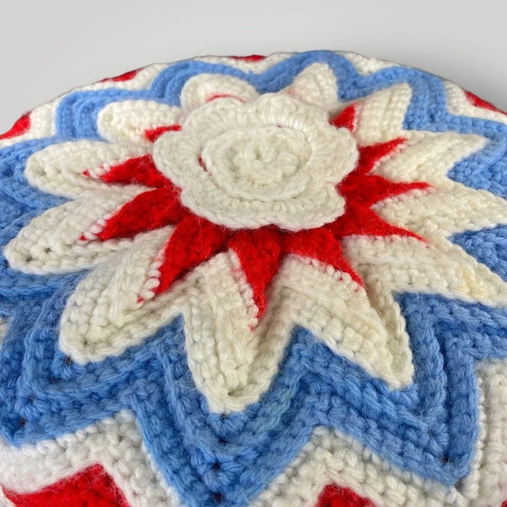 Crochet Flower Pillow Red White Blue Bicentennial Decor Handmade July 4 1970s